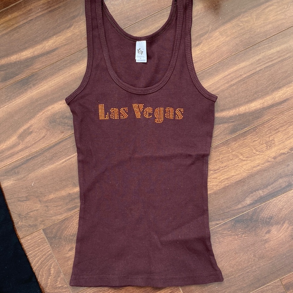 Las Vegas Souvenir Chelona 100% Cotton Tank Top. Brown ripped -Orange Bling. S